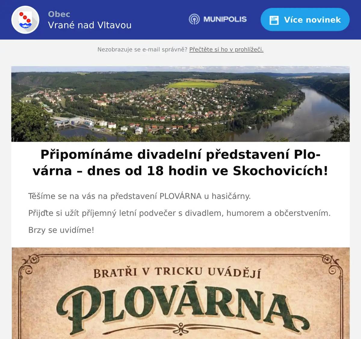 Těšíme se na vás na představení PLOVÁRNA u hasičárny. Přijďte si užít příjemný letní podvečer s divadlem, humorem a občerstvením. Brzy se uvidíme!
