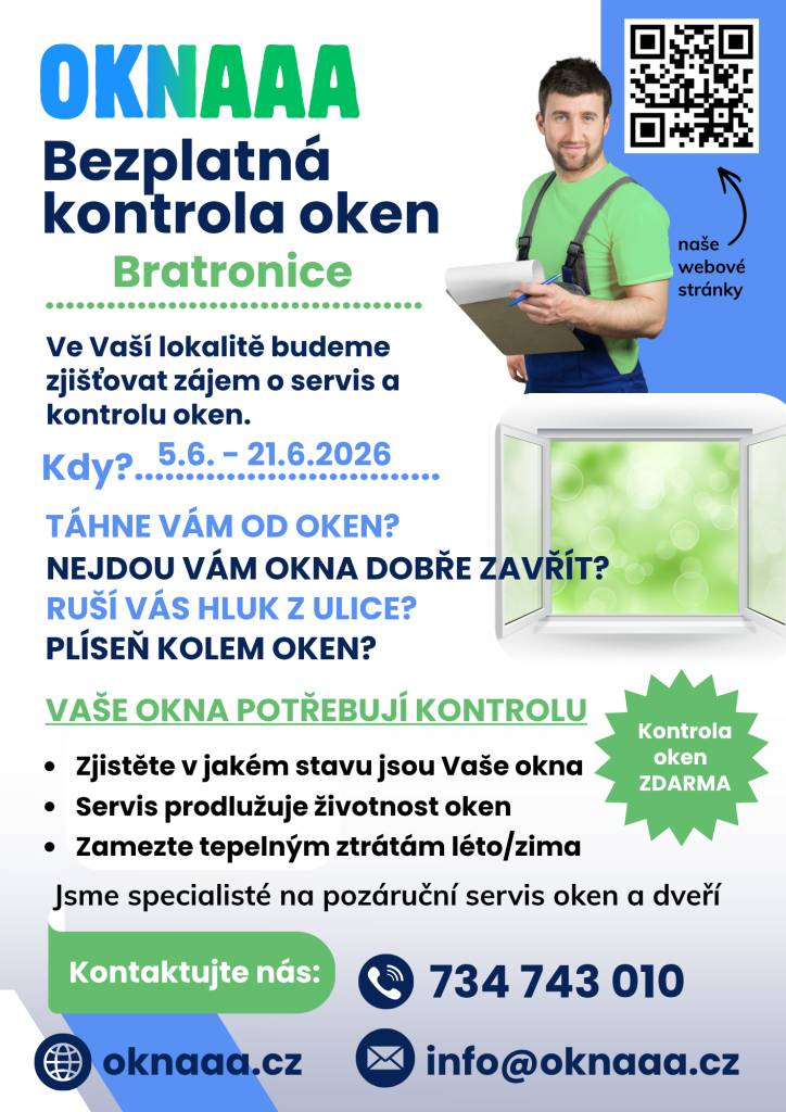 V Bratronicích proběhne od 5. června do 21. června 2026 bezplatná kontrola oken, během níž zjistíme jejich stav a nabídneme řešení na zamezení tepelným ztrátám a hluku. Tato akce je určena pro všechny, kteří chtějí mít jistotu, že jejich okna jsou v dobrém stavu.
