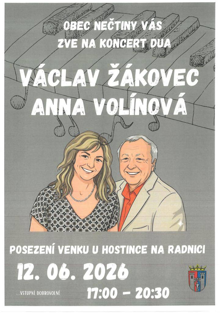 Obec Nečtiny srdečně zve na hudební vystoupení Václava Žákovce a Anny Volínové