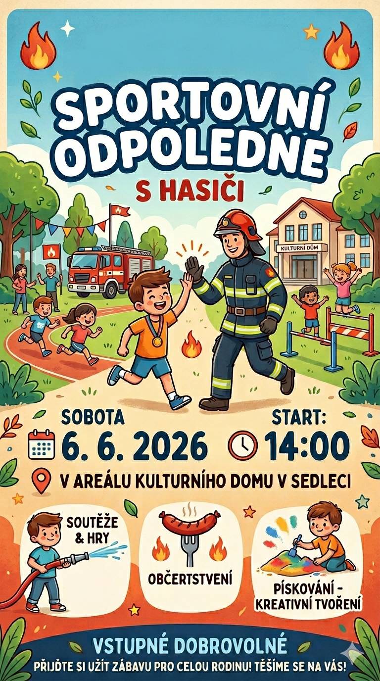 V sobotu 6.6.2026 od 14:00 se uskuteční v areálu kulturního domu dětský den. Všichni jsou srdečně zváni.