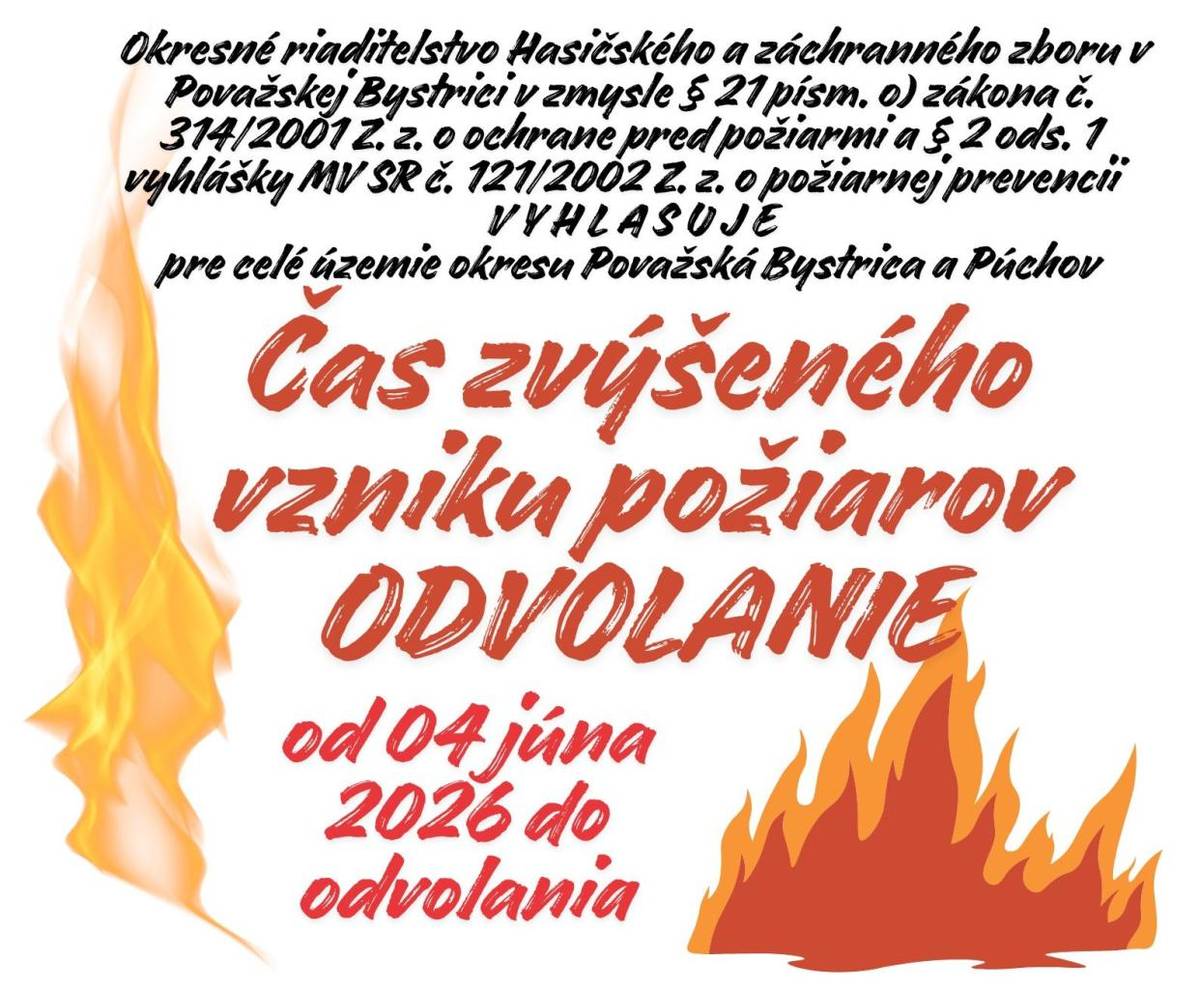 Okresné riaditeľstvo Hasičského a záchranného zboru v Považskej Bystrici v zmysle zákona č. 314/2001 Z. z. o ochrane pred požiarmi a § 2 ods. 1 vyhlášky Ministerstva vnútra Slovenskej republiky č. 121/2002 Z. z. o požiarnej prevencii odvoláva stav zvýšeného vzniku požiarov od 04.06.2026.