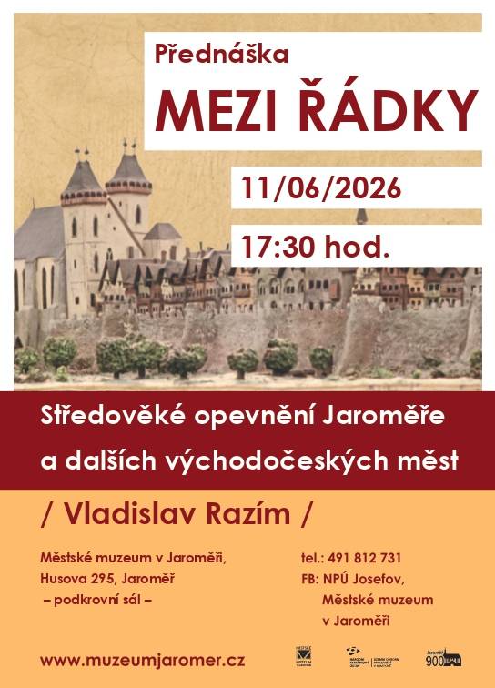 Zveme Vás na přednášku s Vladislavem Razímem z cyklu Mezi řádky, která se zaměří na středověká opevnění Jaroměře a dalších východočeských měst. Během přednášky se budeme věnovat zejména historickému vývoji a významu těchto opevnění.