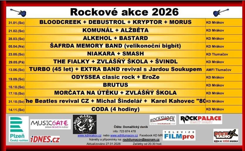 V KD Mrákov proběhne několik rockových koncertů, které potěší fanoušky této hudební scény. Vystoupí například BLOODCREEK, DEBUSTROL, KRYPTOR a MORUS. Dále se můžete těšit na koncerty jako ALKEHOL a BASTARD, či TURBO oslavující 45 let na scéně.