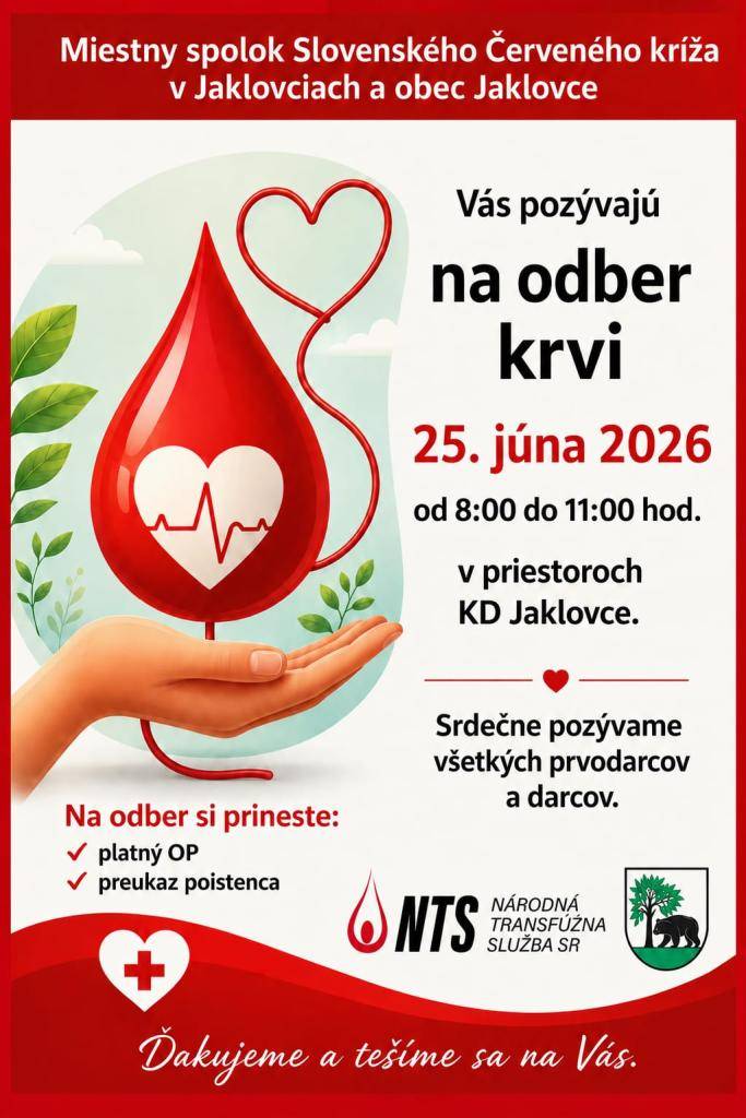 Od 8.00 do 11.00 h v priestoroch KD Jaklovce môžete darovať krv, nezabudnite si priniesť platný občiansky preukaz a preukaz poistenca. Ďakujeme.