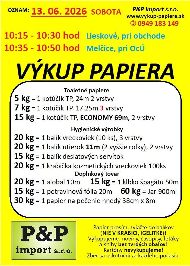 Výkup papiera výmenou za hygienické výrobky  - v sobotu 13. júna 2026