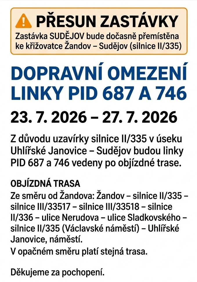 Dočasný přesun zastávky Sudějov 23.7.-27.7.2026.