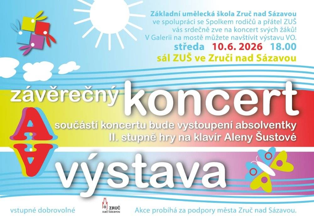Základní umělecká škola ve spolupráci se Spolkem rodičů a přátel ZUŠ vás srdečně zve na koncert svých žáků. Součástí koncertu bude vystoupení absolventky II. stupně hry na klavír Aleny Šustové.