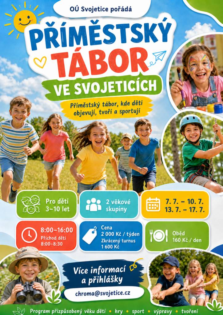 Obecní úřad Svojetice zve všechny zájemce na příměstský tábor, který se zaměřuje na objevování, tvoření a sportování. Tábor probíhá ve dvou termínech od 8:00 do 16:00 a je ideální pro děti, které chtějí strávit léto aktivně.