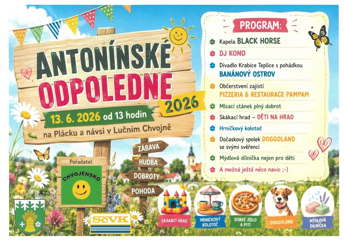 Srdečně vás zveme na Antonínské odpoledne, které se uskuteční v sobotu 13. června 2026 od 13:00 hodin. Čeká vás pohodové odpoledne plné zábavy, hudby, dobrého jídla a programu pro malé i velké návštěvníky. O skvělou atmosféru se postará kapela Black Horse a DJ KONO.