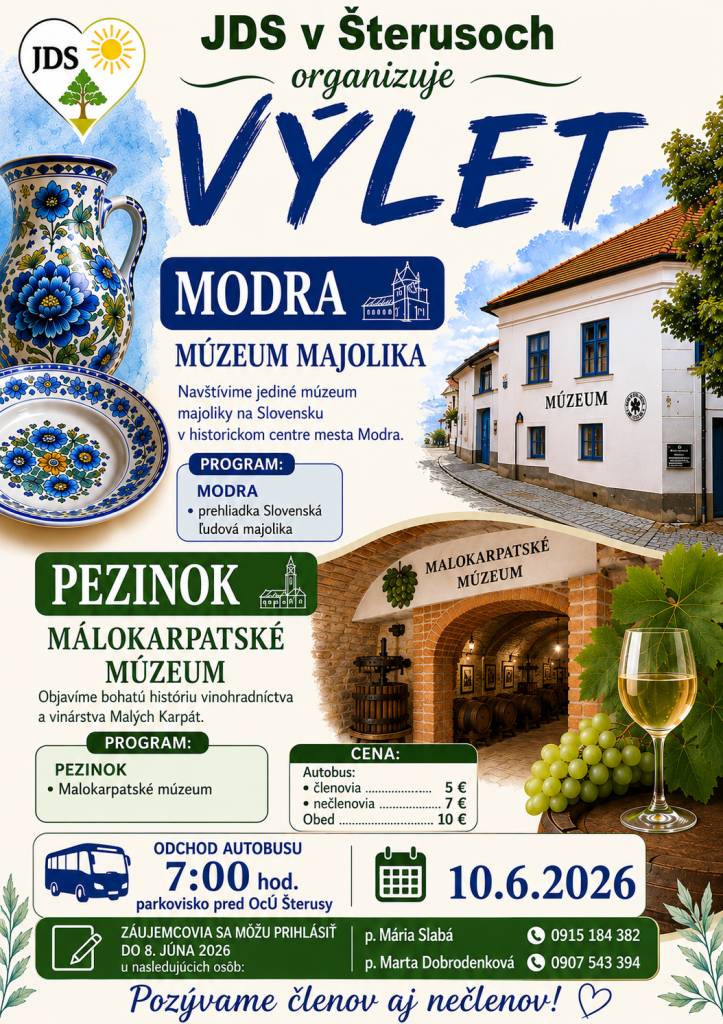 JDS v Šterusoch organizuje výlet do Modry a Pezinka.