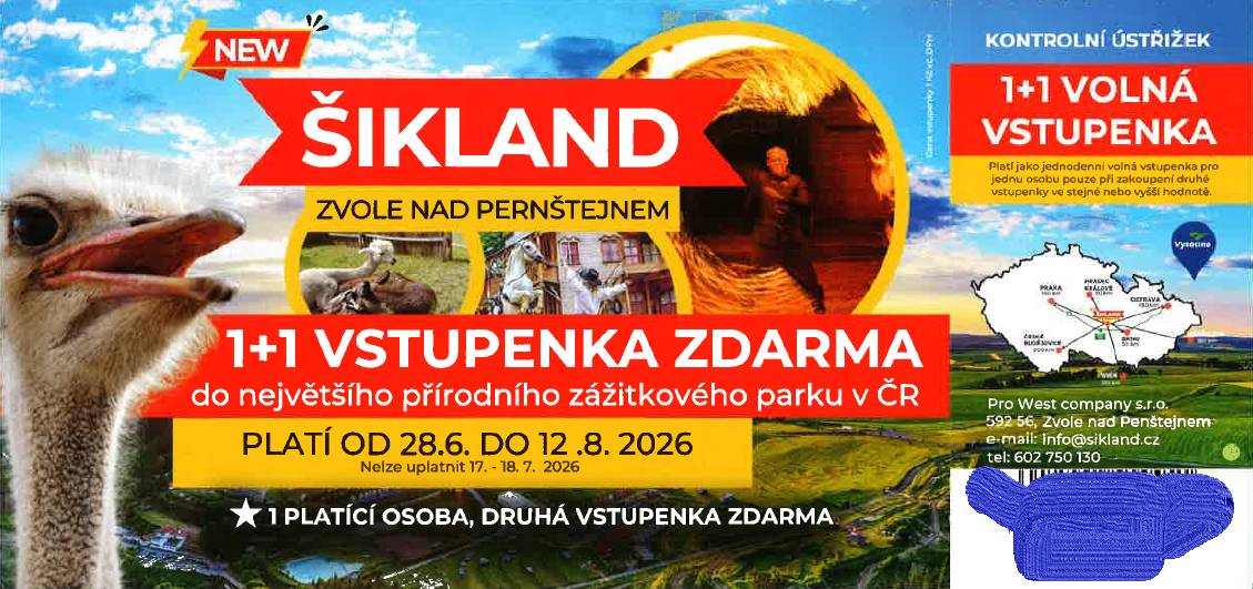 OÚ nabízí občanům omezený počet vstupenek do největšího přírodního zábavního parku Šikland. Vstupenky jsou k dispozci na OÚ do vyčerpání zásob.
