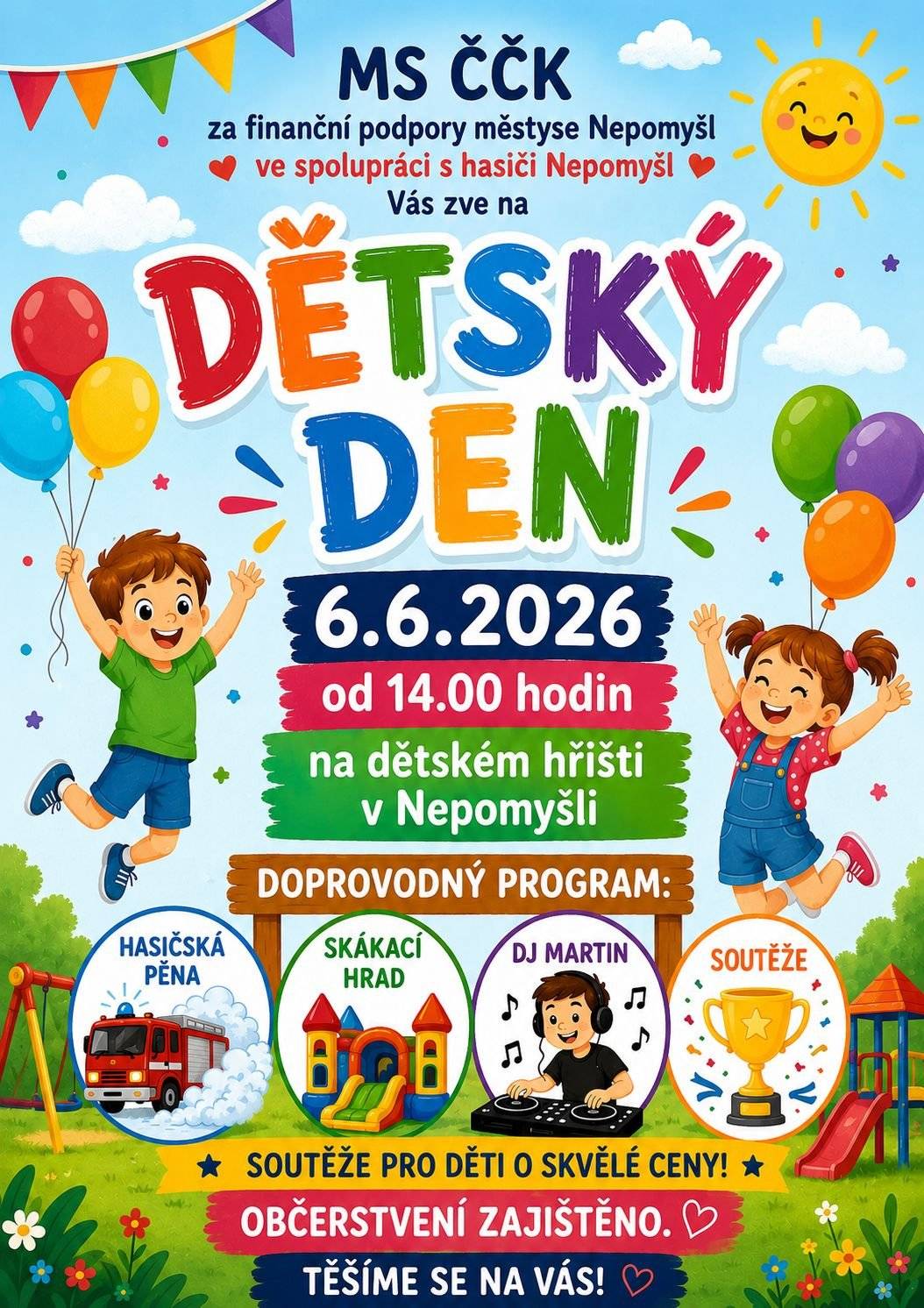 V sobotu 6.6.2026 proběhne v Nepomyšli v době od 9.00 do 9.20 bezplatný sběr nebezpečného odpadu a od 14.00 Dětský den na dětském hřišti v Nepomyšli.