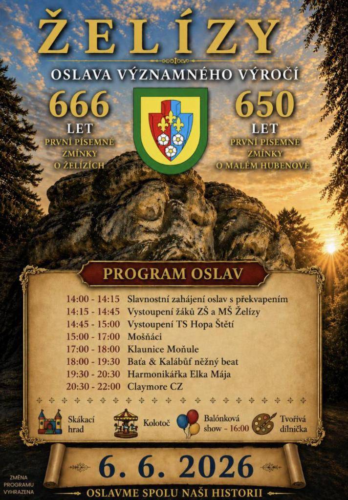 Dne 6. 6. 2026 se v obci Želízy uskuteční oslavy 666 let od založení obce.