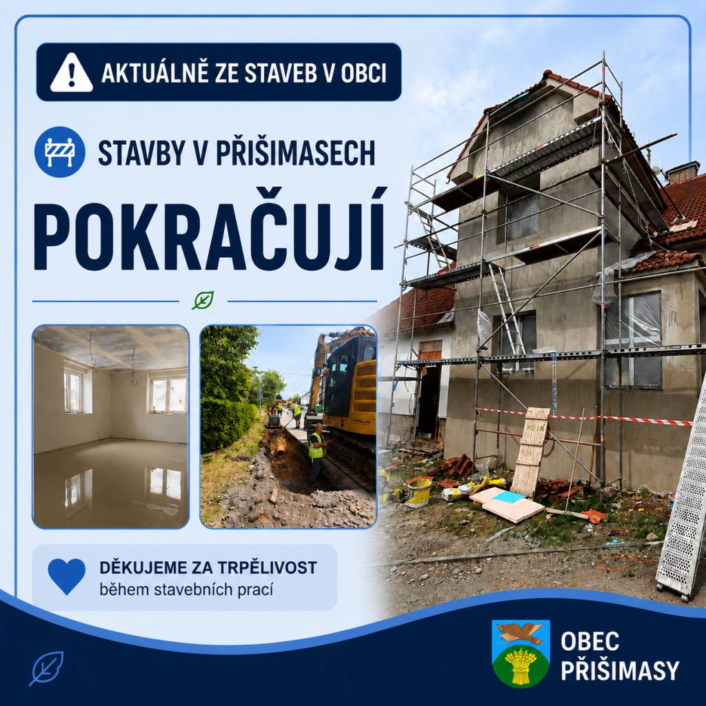 Stavební práce v Přišimasech pokračují. Na obecním úřadě byly vylity podlahy, dokončuje se sociální zázemí a brzy začne finální úprava fasády. Současně pokračuje pokládka dešťové kanalizace směrem k sokolovně v rámci výstavby nových chodníků.