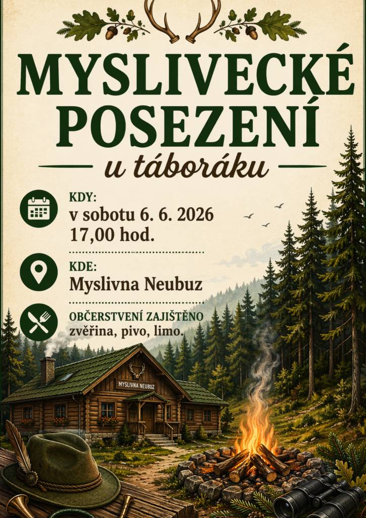 Myslivecké posezení u táboráku se koná v sobotu 6.6.2026 v 17 hod.v areálu Myslivna. Občerstvení zajištěno.