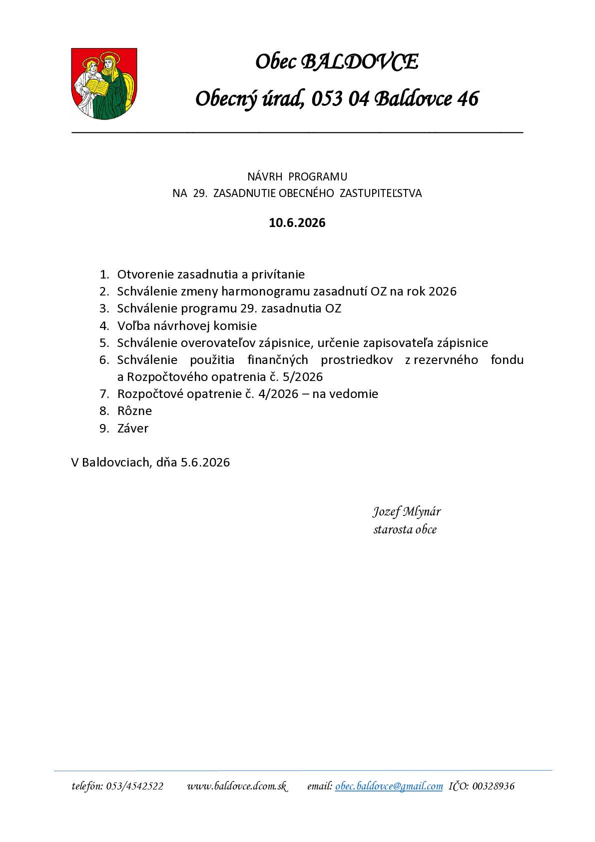 Obecné zastupiteľstvo 10.6.2026 o 17.00 hod.