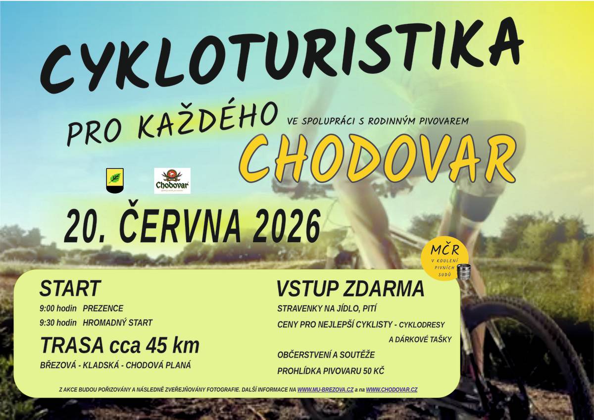 Komise sportu města Březová ve spolupráci s Rodinným pivovarem Chodovar srdečně zve všechny příznivce cyklistiky na tradiční akci Cykloturistika pro každého s Rodinným pivovarem Chodovar, která se uskuteční v sobotu 20. června 2026.
