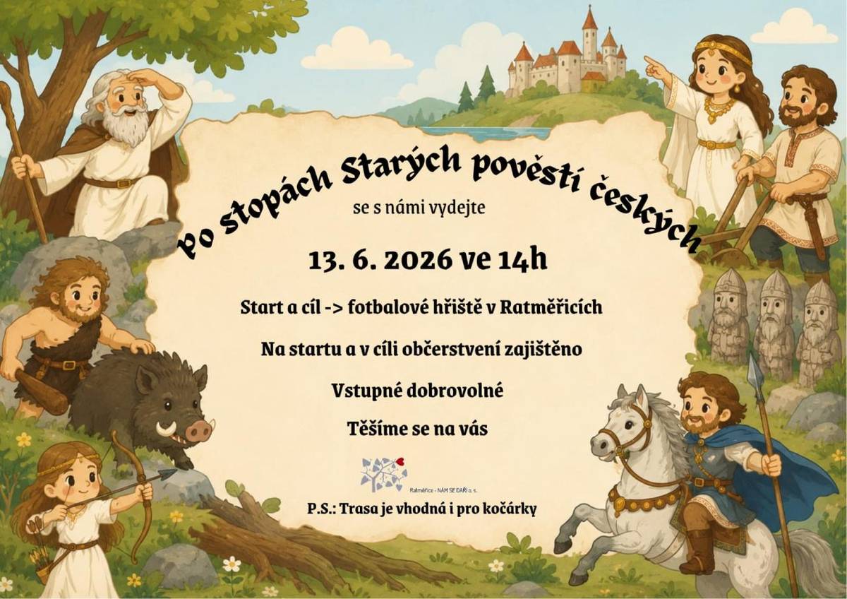 Další ročník oblíbené stopované tentokrát s podtitulem "Po stopách Starých pověstí českých" odstartuje v sobotu 13.6. ve 14 hod v ratměřickém sportovním areálu. Trasa je vhodná i pro kočárky. Na startu i v cíli je zajištěno občerstvení.