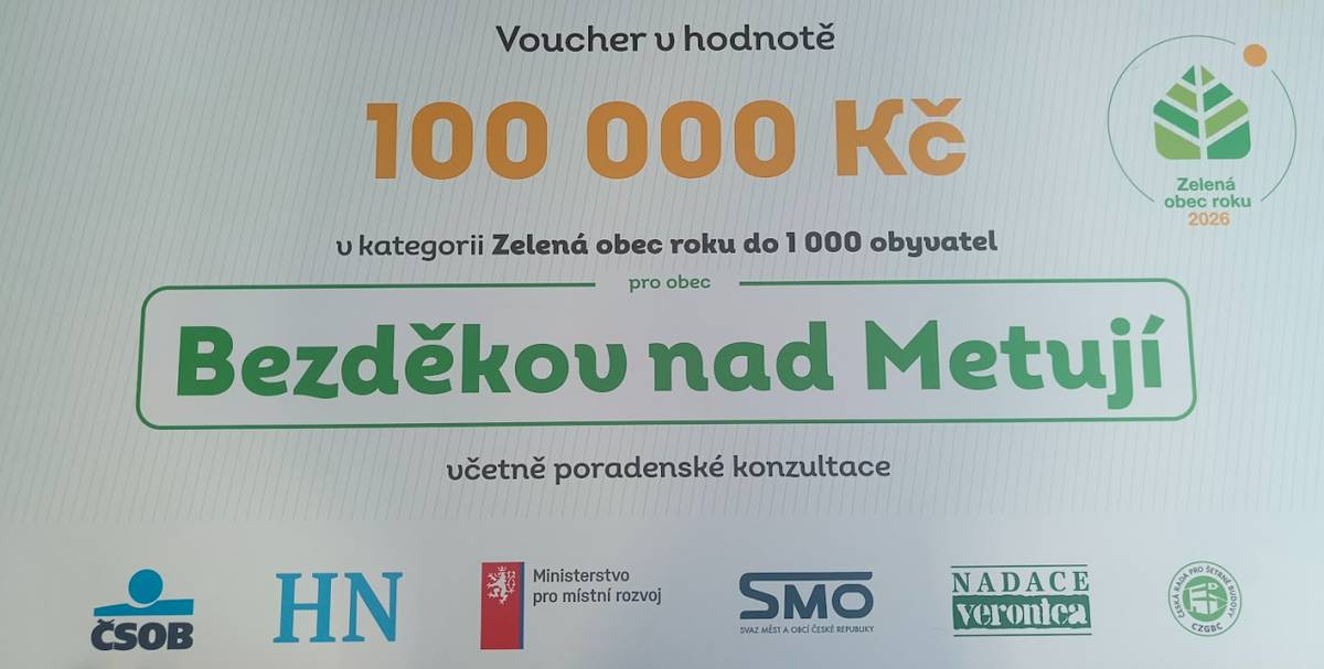 Máme velkou radost, že se naše obec umístila na 3. místě v celostátní soutěži Zelená obec roku 2026 v kategorii obcí do 1 000 obyvatel. Slavnostní vyhlášení výsledků proběhlo v rámci konference Udržitelná budoucnost obcí, které se za obec zúčastnili Eva Gennertová a Tomáš Verner.