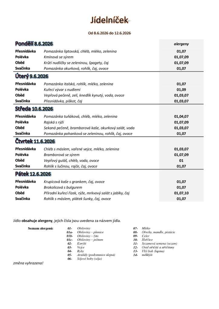 Jídelníček základní školy platný v týdnu od 8. do 12.6.2026