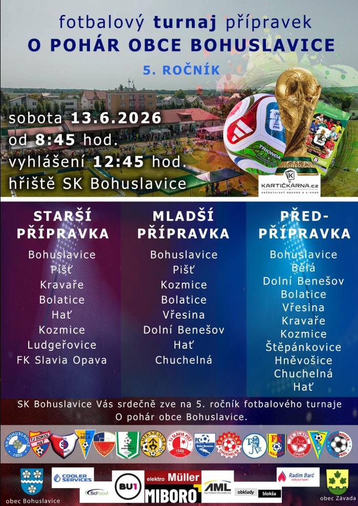 Turnaj přípravek 13.6.26 v SK Bohuslavice od 09:00. Hasičský víkend 26.6. noční soutěž od 21:30, denní 27.6. od 16:00 na hřišti SK Bohuslavice.