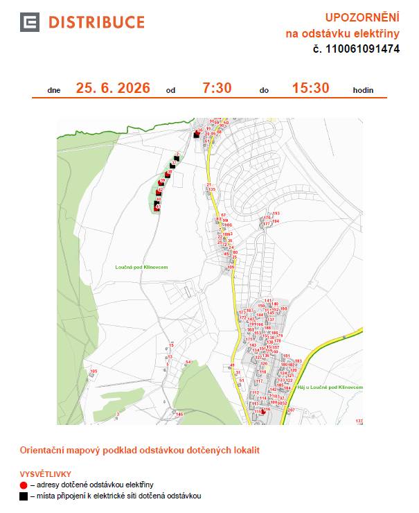 Plánovaná odstávka dne 25. 6. 2026 od 7:30 do 15:30 hodin zahrnuje tyto lokality: část obce Loučná č. p. 42, 116 č. ev. 36, 38, 39, 41
