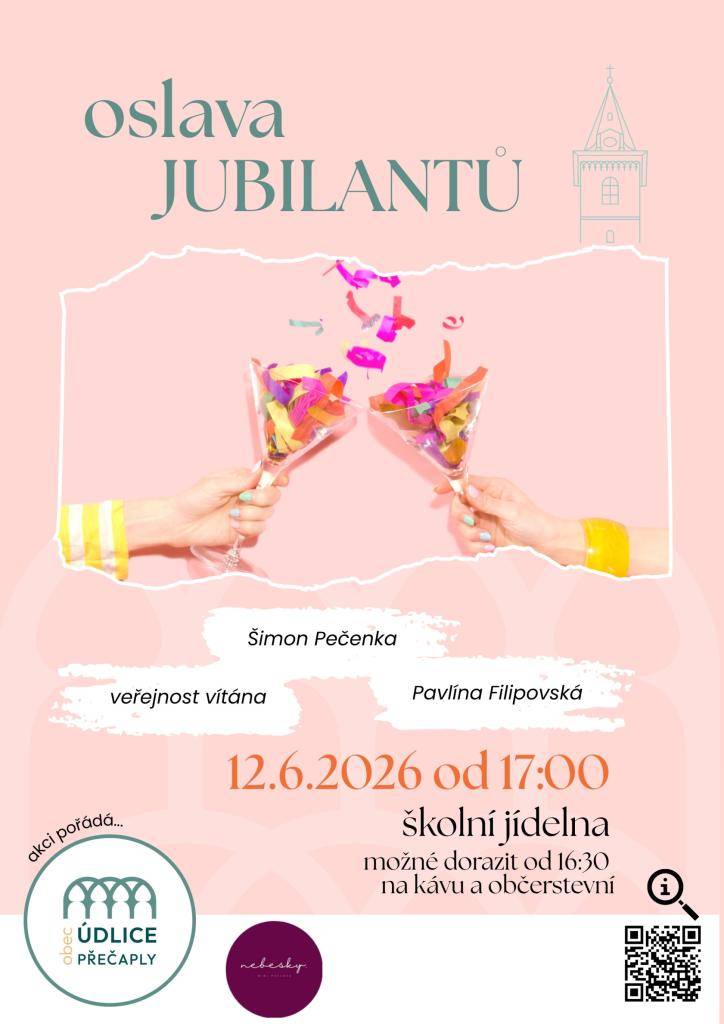 Den pro všechny oslavence a ty, kteří chtějí být s nimi. Dne 12. 6. 2026 od 17:00 ve školní jídelně. O zábavu se postará Pavlína Filipovská a Šimon Pečenka.
