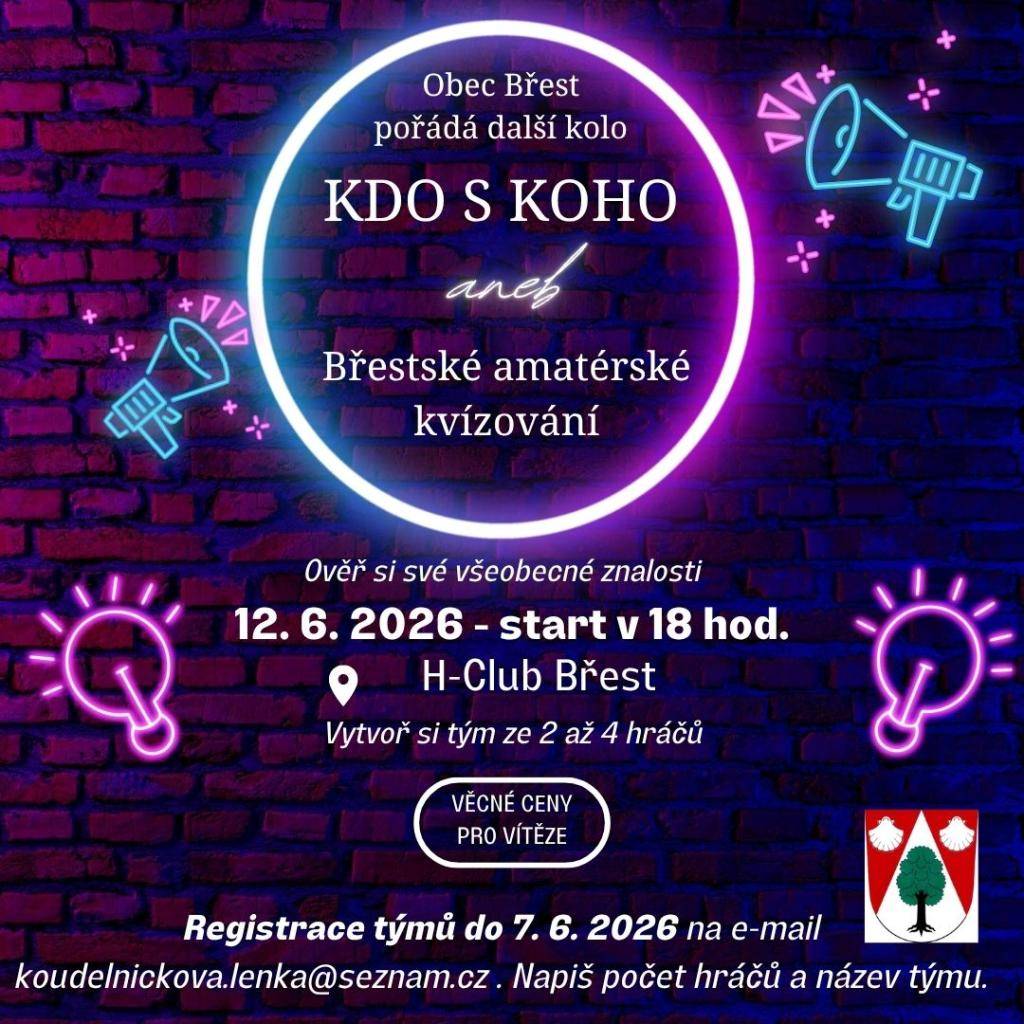 Čeká nás další KDO S KOHO aneb Břestské amatérské kvízování.   Přijďte si ověřit své všeobecné znalosti.  Neváhejte s registrací, kapacita míst je omezena!