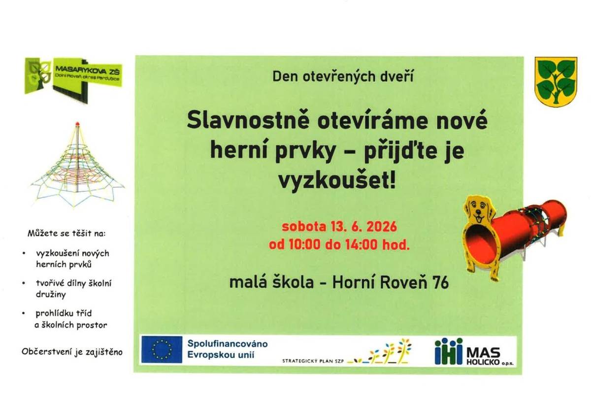 MZŠ Dolní Roveň srdečně zve na slavnostní otevření nových herních prvků na zahradě malé školy v Horní Rovni v sobotu 13.6.2026 od 10:00 -14:00 hod. Přijďte si nové herní prvky vyzkoušet. Občerstvení je zajištěno.