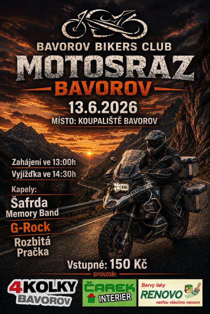 Bavorov Bikers Club Vás zve na Motosraz, který se uskuteční 13.6.2026 na koupališti Bavorov. Od 14:30 hodin je vyjížďka, večer vystoupí kapely Šafrda Memory Band, G-Rock a Rozbitá Pračka