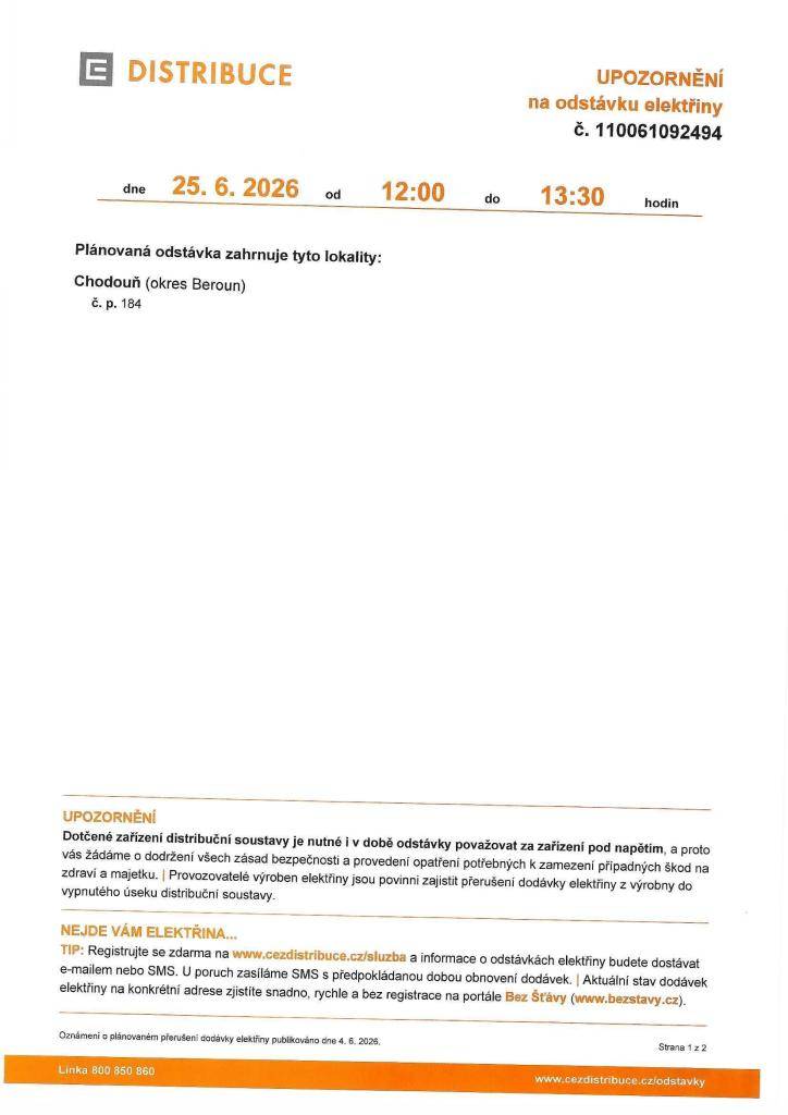 ČEZ Distribuce - Odstávka elektřiny