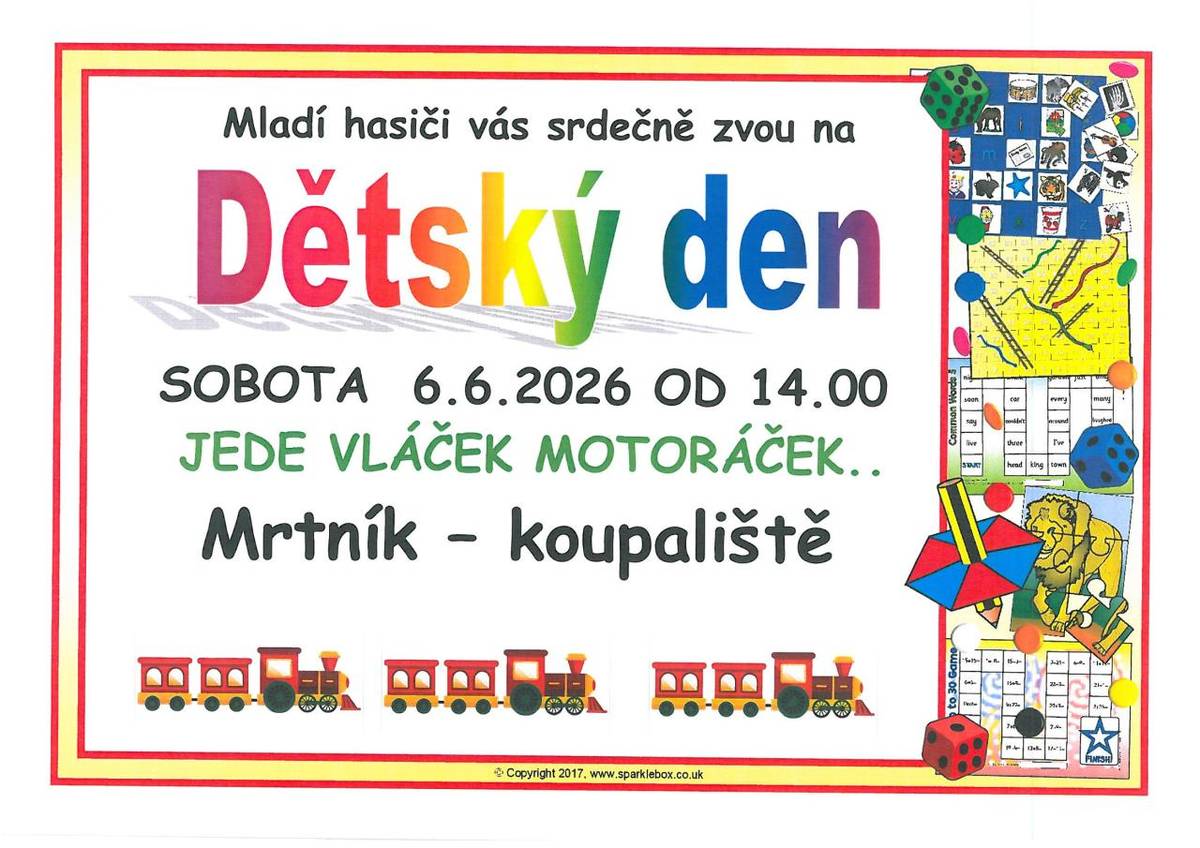 Srdečně vás zveme na tradiční Dětský den, který se koná dne 6.6.2026 od 14.00 u požární nádrže "Koupaliště". Čeká na vás cesta lesem, soutěže,... Přijďte se pobavit.  Těšíme se na vás.