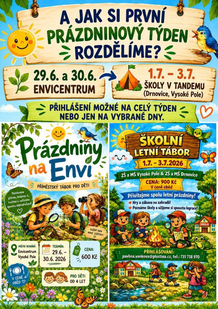V návaznosti na zkrácení školního roku, jsme se rozhodli přidat další dva táborové dny, aby byl první prázdninový týden kompletní.   Rodiče si mohou vybrat dny, ve kterých děti na tábor přihlásí.