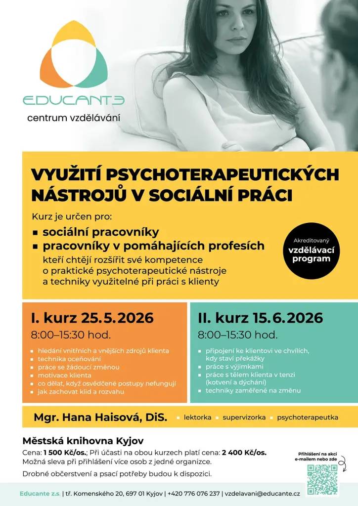 EDUCANTE z. s. srdečně zve na setkání pečujících rodičů a jejich dětí V pohodě a mezi svými, přednášku Trauma u dětí i předprázdninové akce Těšíme se na prázdniny, které se uskuteční v Kyjově a ve Veselí nad Moravou a Využití psychoterapeutických nástrojů v sociální práci II. kurz.