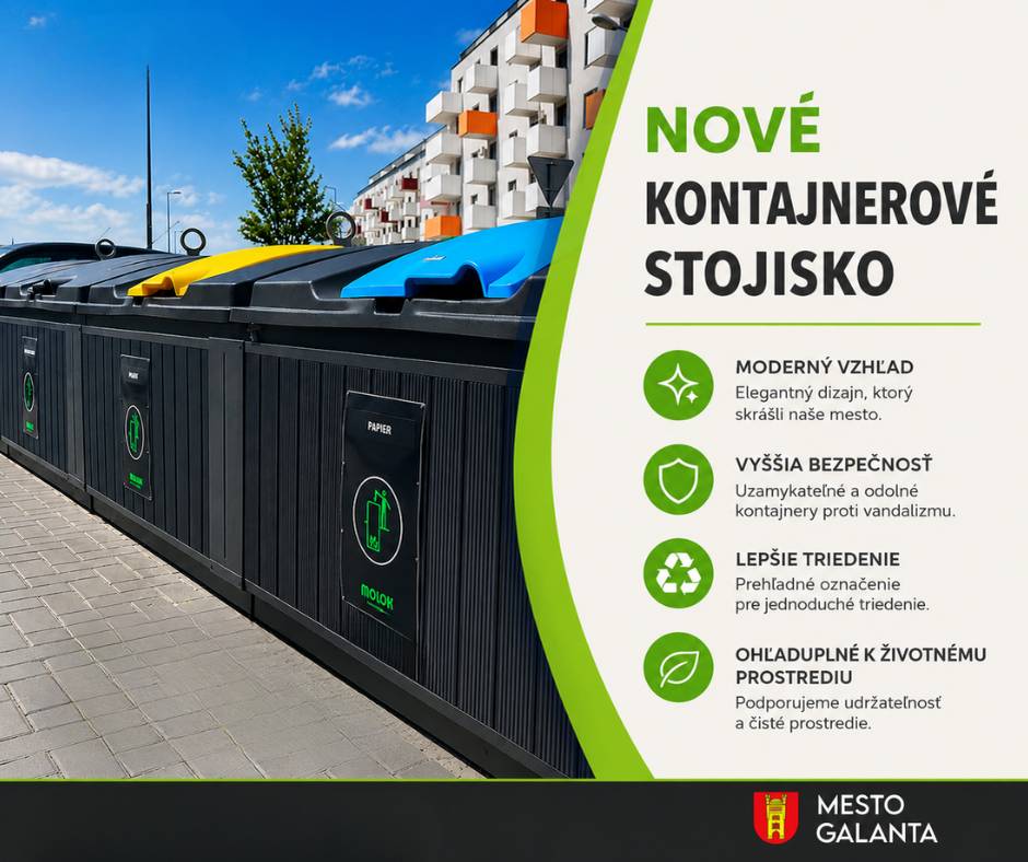 Mesto Galanta pokračuje v modernizácii systému odpadového hospodárstva a verejných priestranstiev. Na Švermovej ulici na Sídlisku Sever bolo vybudované nové polopodzemné kontajnerové stojisko.    Ide o ďalší krok v postupnom zlepšovaní čistoty, hygieny a estetického vzhľadu sídlisk v meste.
