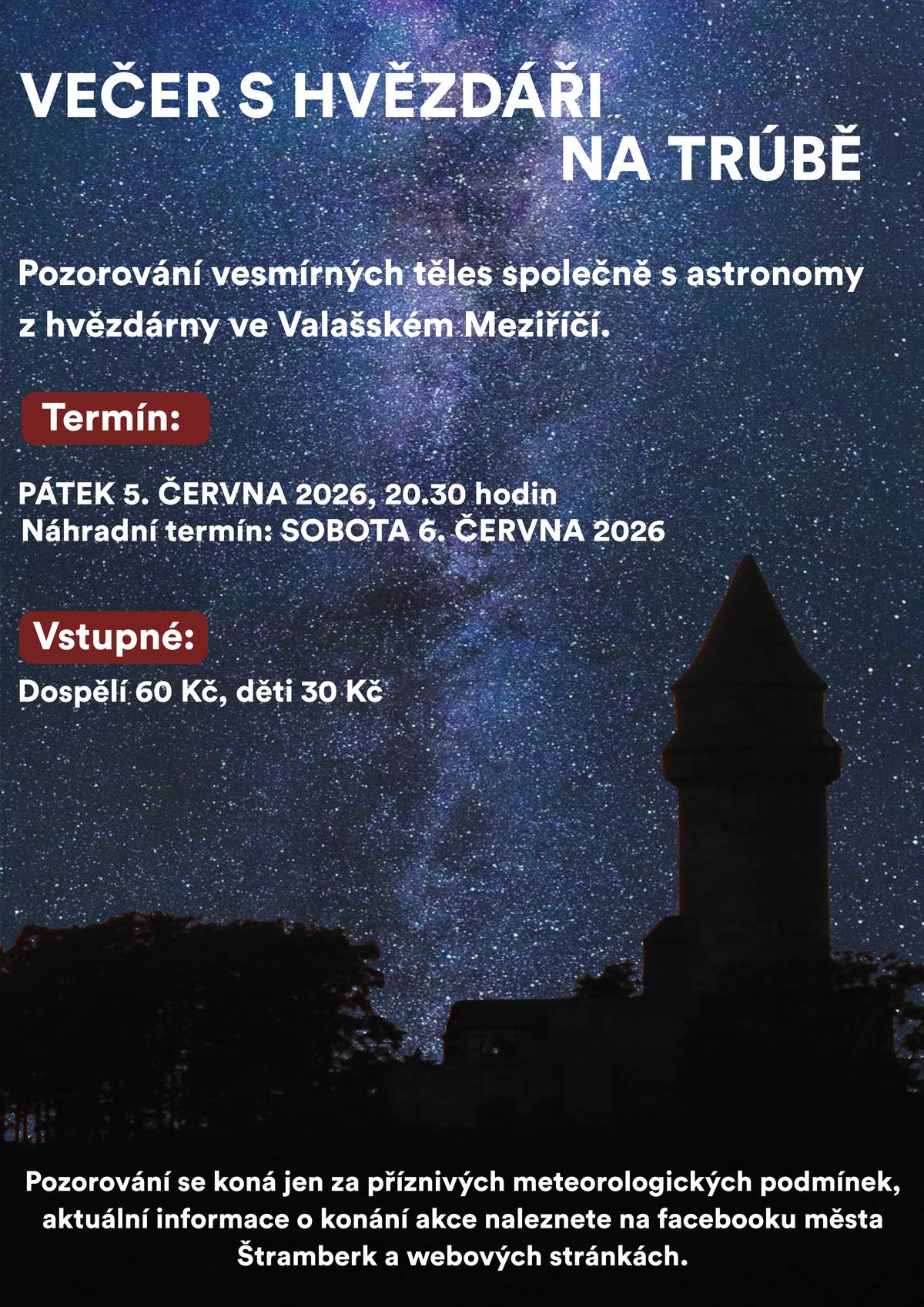 Vážení příznivci noční oblohy, předpověď pro večerní pozorování vypadá příznivě, a tak dnes můžete navštívit areál hradu Štramberk, abyste obdivovali taje a krásy noční oblohy.