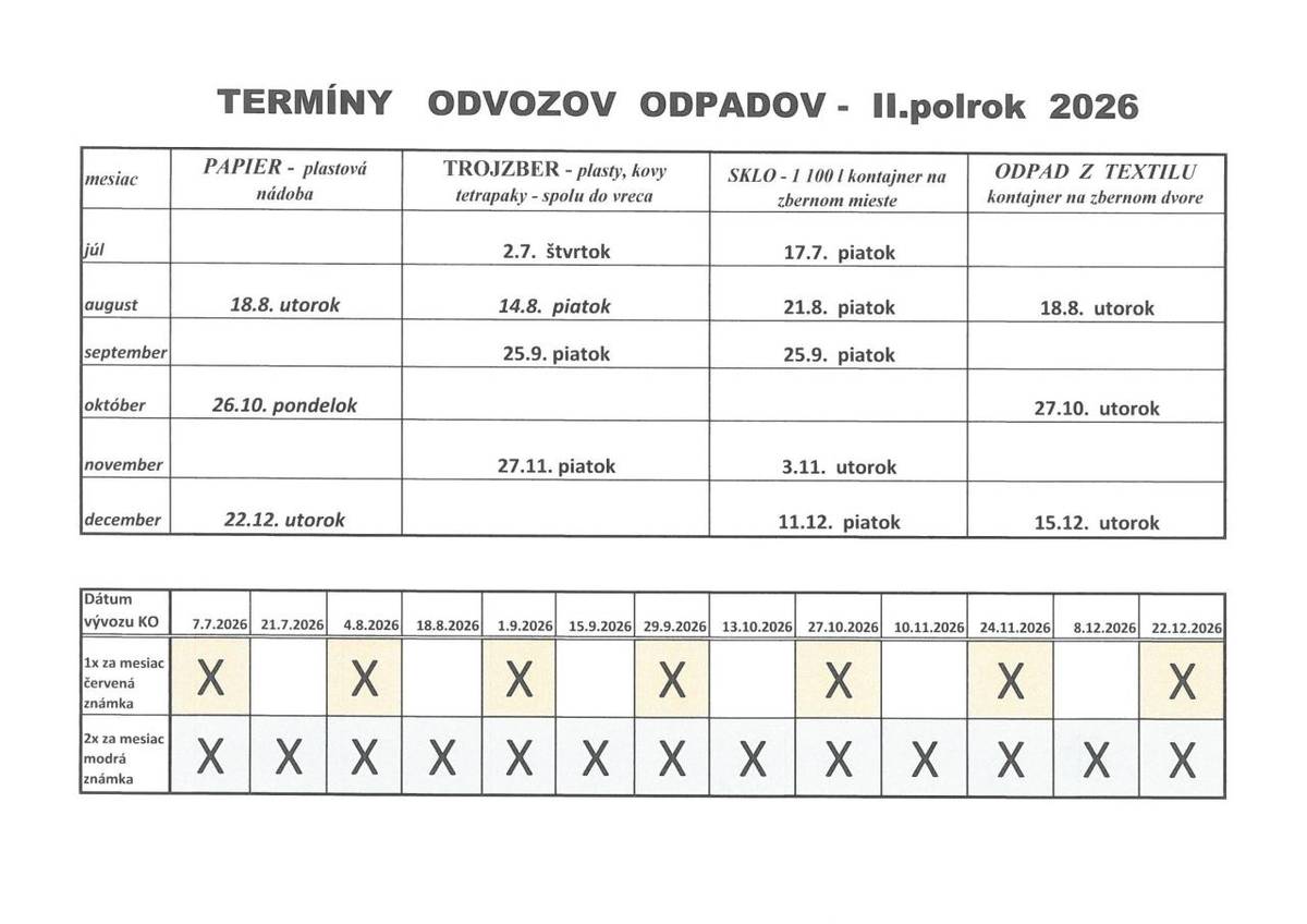 Termíny odvozov odpadov - II. polrok 2026