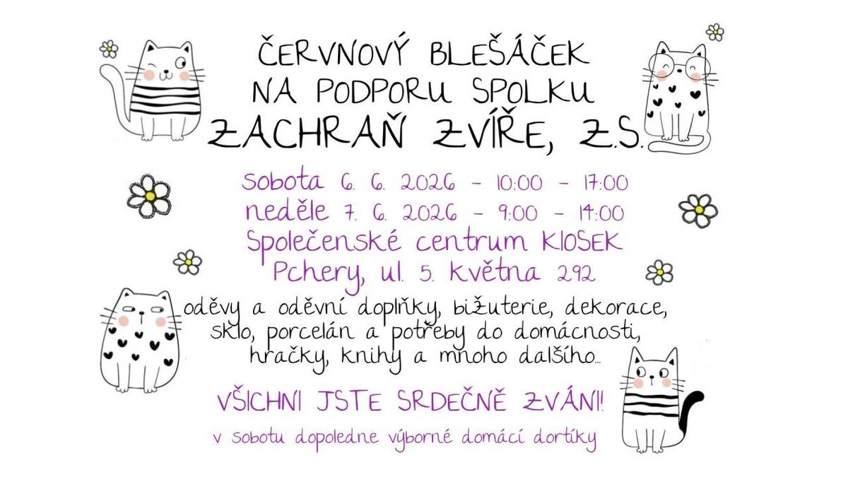 Červnový blešák se uskuteční ve Společenském centru v sobotu 6.6. a v neděli 7.6.2026. Těšit se můžete na oděvy, doplňky, bižuterii, dekorace, hračky, knihy a spoustu dalšího. V sobotu dopoledne i na domácí dortíky.