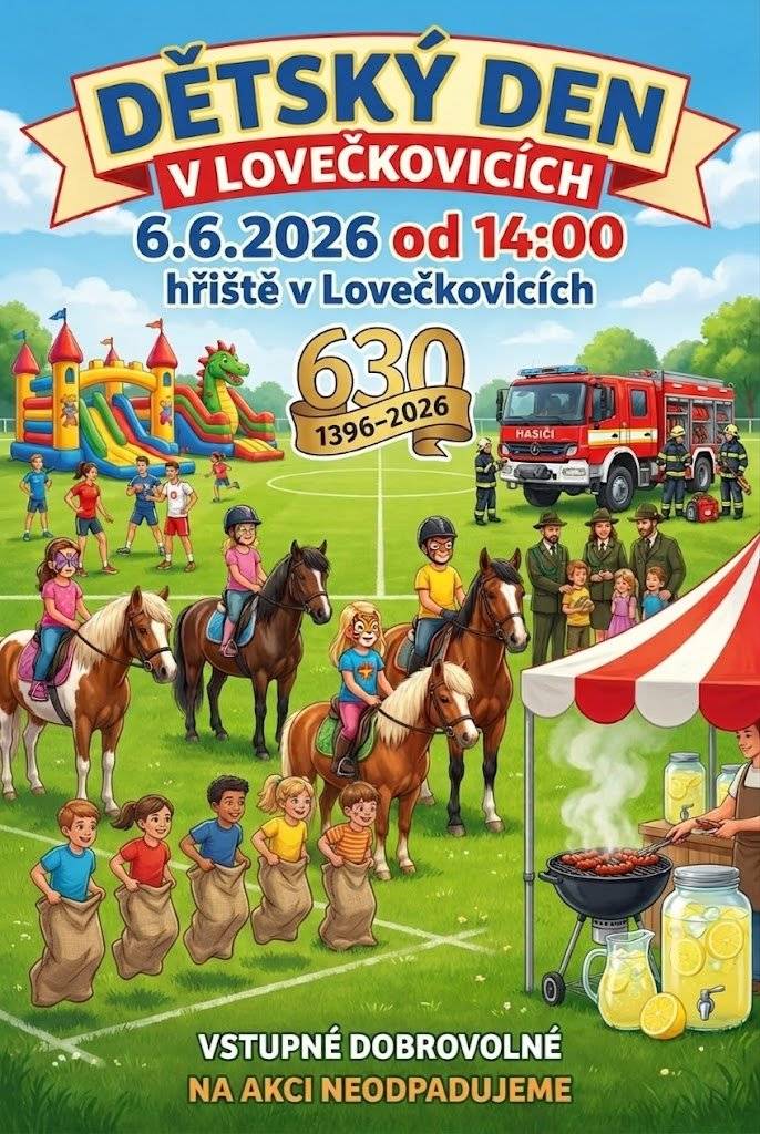 Obec Lovečkovice připomíná, že zítra, od 14:00 na lovečkovickém hřišti, proběhne dětský den. Doporučujeme si s sebou vzít kelímek na pití, tácek na buřta, ručník a náhradní oblečení. Těšíme se na všechny děti i ostatní dospěláky. Vstupné dobrovolné.