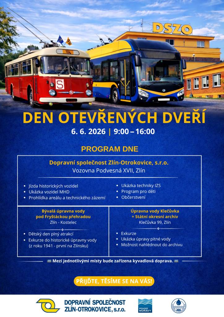 Zveme občany na Den otevřených dveří Dopravní společnosti Zlín-Otrokovice, s. r. o., který se koná tuto sobotu 6. června 2026 od v areálu Dopravní společnosti Zlín – Otrokovice, s.r.o., Podvesná XVII, Zlín.