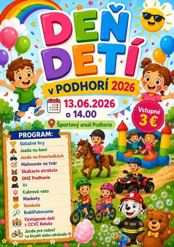 ZO SZ žien Podhorie pripravilo tradičnú oslavu Dňa detí na ihrisku v Podhorí, kde na deti čaká veľa zábavy, atrakcií a tzv. jazda pre radosť, keďže udalosť sa bude konať súčasne s pohárovými pretekmi v cyklotriale na novom trialparku.