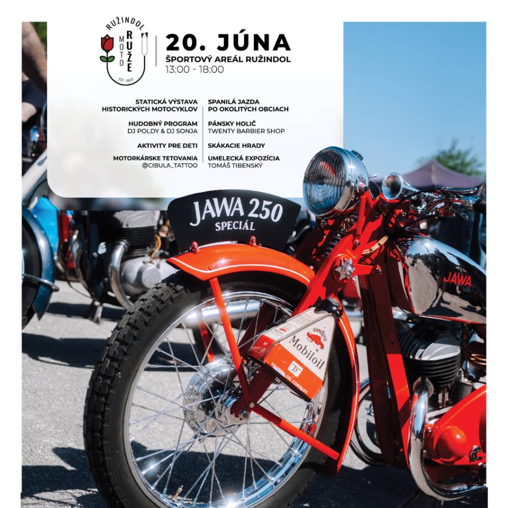 Už 20. júna sa v Ružindole uskutoční podujatie Moto ruže, ktoré poteší návštevníkov krásnymi historickými motorkami a bohatým sprievodným programom pre deti aj dospelých.