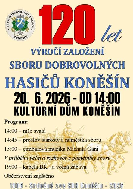 Program:  14:00 – mše svatá  14:45 – proslov starosty a náměstka sboru  15:00 – cimbálová muzika Michala Gani  V průběhu večera rozhovor s pamětníky sboru    19:00 – kapela BK± a volná zábava  Občerstvení zajištěno  Srdečně zve SDH Koněší