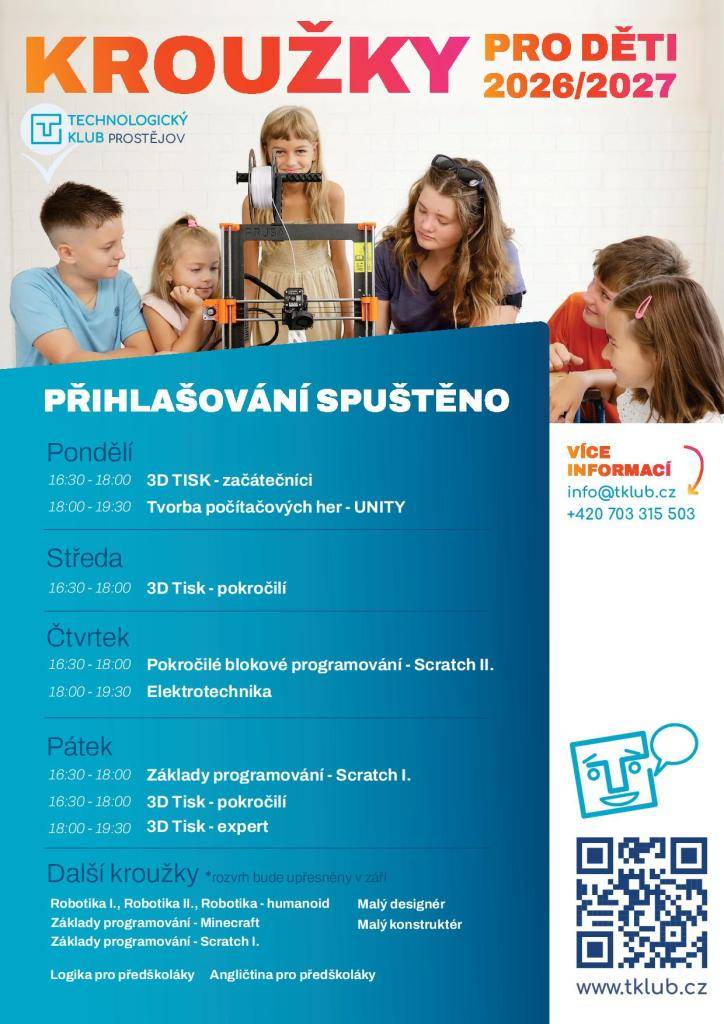 Technologický klub Prostějov spustil možnost přihlašování do kroužků pro školní rok 2026/2027.