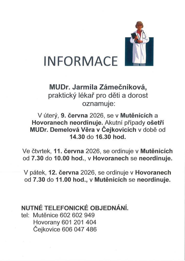 Dětské oddělení - MUDr. Jarmila Zámečníková oznamuje