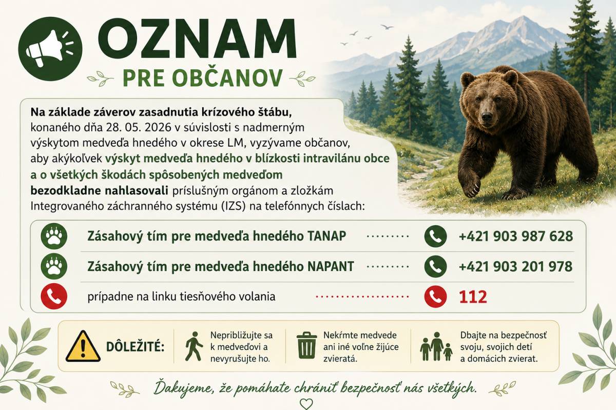 Oznam- Zásahový tím pre medveďa hnedého