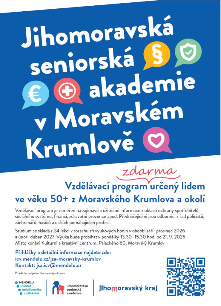 Město Moravský Krumlov ve spolupráci s Jihomoravským krajem a Mendelovou univerzitou v Brně spustili vzdělávací program Jihomoravská seniorská akademie!