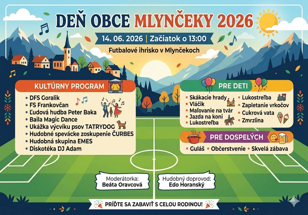 V nedeľu 14. júna 2026 sa na futbalovom ihrisku v Mlynčekoch uskutoční podujatie Deň obce Mlynčeky 2026. Program začína o 13:00 a ponúkne vystúpenia folklórnych súborov, hudobných skupín, atrakcie pre deti a bohaté občerstvenie.