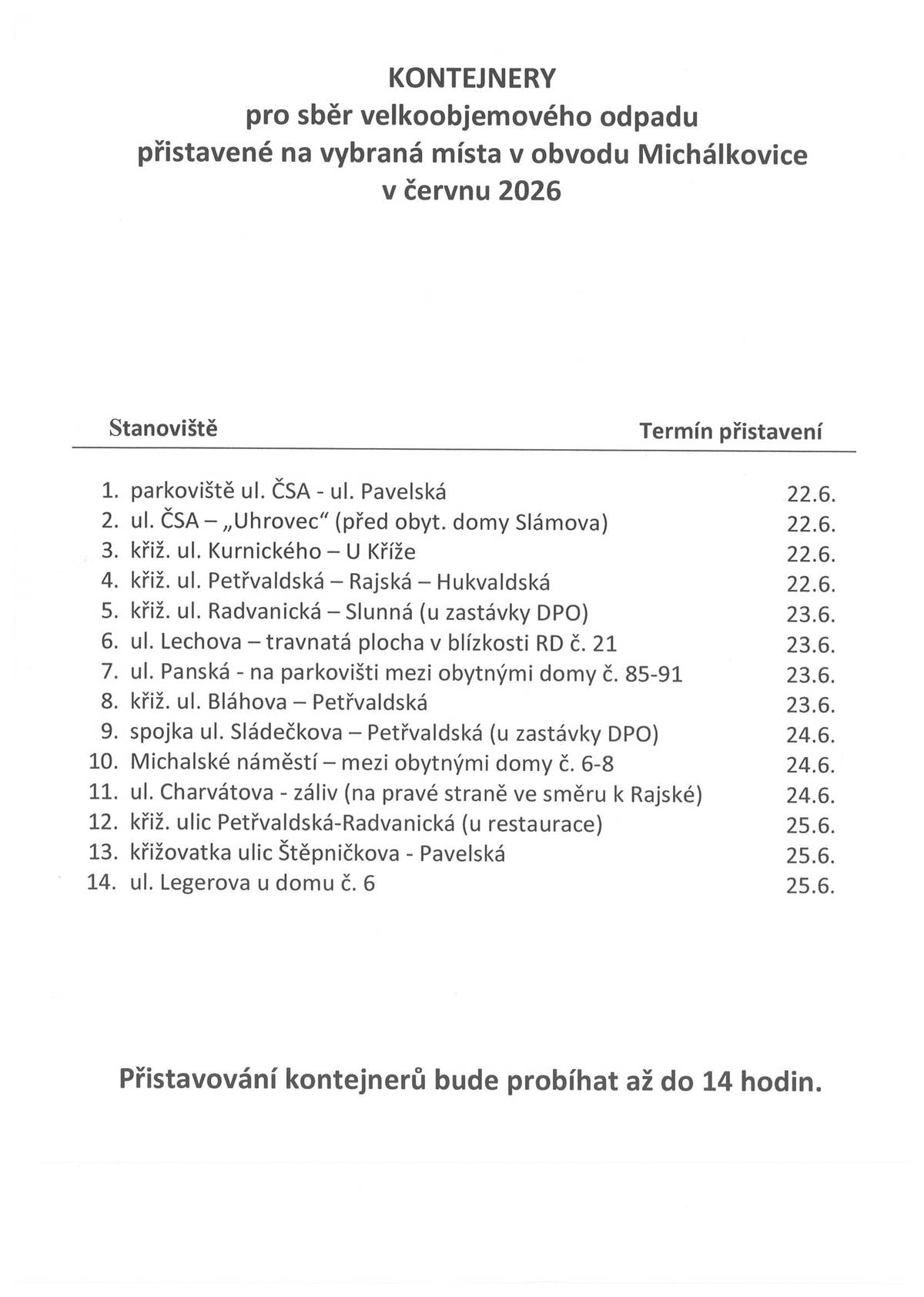 Vážení občané, rádi bychom vás informovali o termínech přistavení velkoobjemových kontejnerů na jednotlivých stanovištích v měsíci květnu. Kontejnery budou přistavovány až do 14 hodin. Tato pravidelná akce má za cíl přispět k udržení čistoty našeho města a podpořit naše společné úsilí o ochranu nejen životního prostředí. Vaše spolupráce a aktivní zapojení jsou pro nás nesmírně cenné, a proto vám srdečně děkujeme