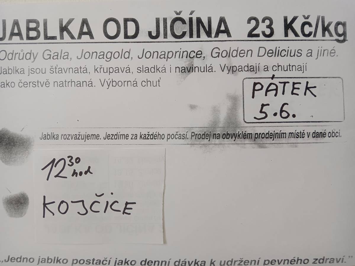 V pátek 5. 6. 2026 proběhne v Kojčicích od 12: 30 hodin prodej jablek od Jičína. Cena 23,- Kč za kg.